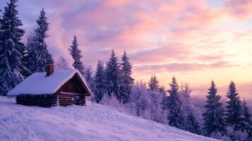 A Cozy Log Cabin Amidst a Snowy Forest at Sunset photo