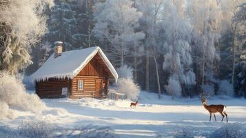 A Snowy Cabin in a Frosted Forest with Two Deer photo