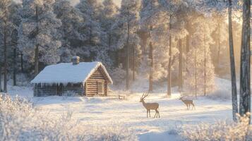 A Snowy Cabin Nestled Among Trees with Deer in a Winter Wonderland photo
