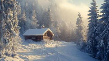 A Snowy Cabin Nestled in a Foggy Winter Forest photo