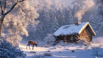 A Snowy Log Cabin in a Winter Forest with Deer photo