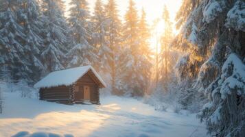A Cozy Cabin in a Snowy Forest at Sunset photo