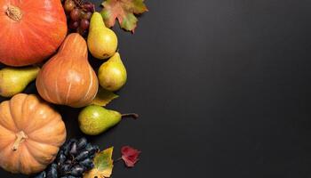 beautiful assortment of autumn fruits accompanied by colorful autumn leaves photo