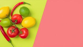 assortment of lemons, tomatoes, limes, and chillies displayed on a green background photo