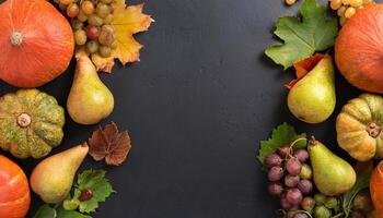 beautiful assortment of autumn fruits accompanied by colorful autumn leaves photo