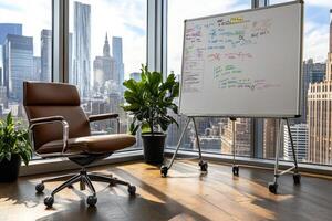 Office space featuring a chair, whiteboard filled with notes, and large windows photo