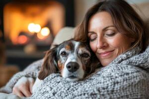 Woman relaxing and cuddling with her dog near a fireplace photo