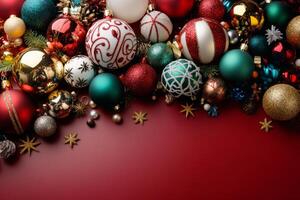 Arrangement of Christmas ornaments and holiday decorations on a red background photo