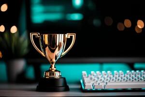 Golden trophy on a desk in a modern tech workspace with computer monitor photo