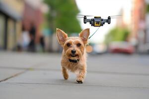 Dog walking in the city being guided by a drone controlled leash photo