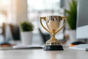 Golden trophy on a desk in a modern office environment with computers in the background photo