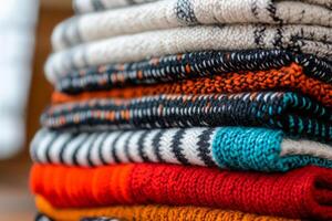Folded wool sweaters with textured knitting patterns in various colors photo