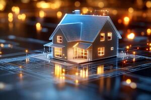 3D model of a smart home with illuminated blue accents. Futuristic architecture, technology integration photo
