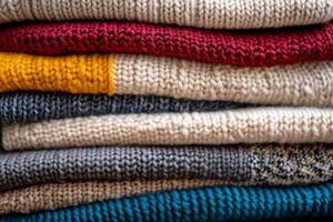 Folded wool sweaters with textured knitting patterns in various colors photo