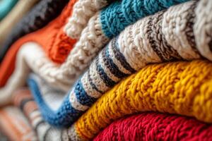 Folded wool sweaters with textured knitting patterns in various colors photo