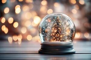 Snow globe featuring a decorated Christmas tree and presents inside on a background of festive lights photo