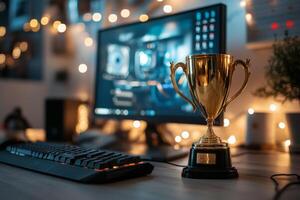 Golden trophy on a desk in a modern tech workspace with computer monitor photo