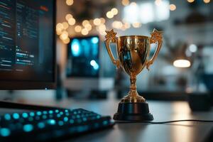Golden trophy on a desk in a modern tech workspace with computer monitor photo