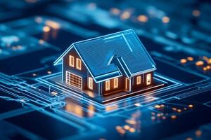 3D model of a smart home with illuminated blue accents. Futuristic architecture, technology integration photo