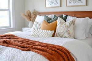 Bedroom featuring a neatly made bed with textured pillows and blankets in earthy tones photo