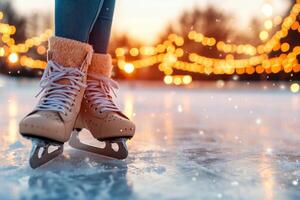 Woman wearing ice skates on a frozen lake photo