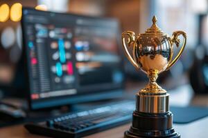 Golden trophy on a desk in a modern tech workspace with computer monitor photo