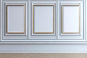 White wall with classic rectangular panels and gold trim. Luxurious interior design photo