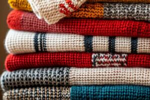 Folded wool sweaters with textured knitting patterns in various colors photo