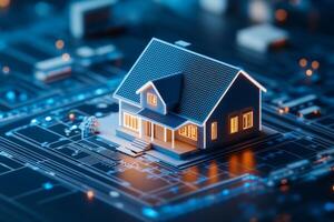 3D model of a smart home with illuminated blue accents. Futuristic architecture, technology integration photo