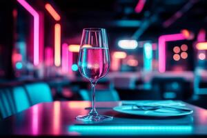 Glass of alcohol on a table in a bar with vibrant neon lighting. Atmospheric nightlife photo