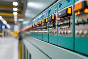 Control panel with colored switches and indicator lights. Engineering and automation processes photo