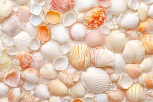 Vibrant assortment of various seashells in different shapes, sizes, patterns photo