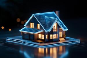 3D model of a smart home with illuminated blue accents. Futuristic architecture, technology integration photo