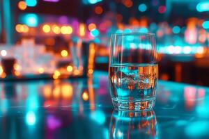 Glass of alcohol on a table in a bar with vibrant neon lighting. Atmospheric nightlife photo