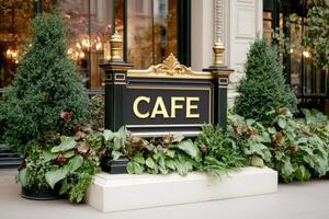 Cafe sign surrounded by greenery in front of a classic building with ornate decor photo