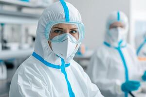 Researchers in face masks and shields work in a laboratory photo
