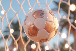 Pink soccer ball hits the net in a goal on a blurred background photo