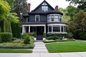 Old brick house with white trim, a lush garden and front porch photo