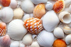 Vibrant assortment of various seashells in different shapes, sizes, patterns photo