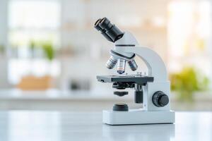Microscope in a laboratory with blurred lighting in the background photo