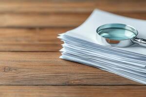 Magnifying glass on stack of documents on table photo