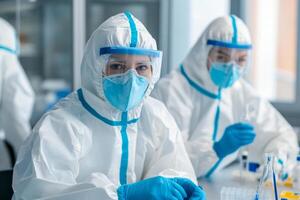 Researchers in face masks and shields work in a laboratory photo