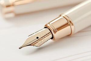 Luxurious pen with intricate gold detailing writes on paper in a flowing script photo