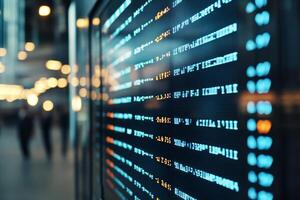 Digital stock market display with financial data. Trading environment with blurred background photo