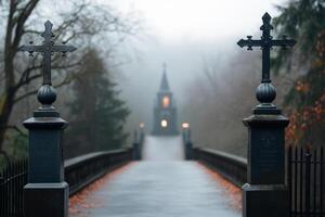 Bridge with stone crosses leading towards a church. Peaceful spiritual scene in the fog photo