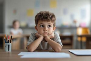 Frustrated bored boy sitting at a school desk, surrounded by paper photo