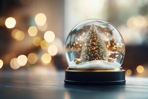 Snow globe featuring a decorated Christmas tree and presents inside on a background of festive lights photo