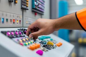 Engineers hand adjusting a component on an industrial control panel photo