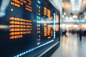 Digital stock market display with financial data. Trading environment with blurred background photo