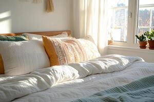 Bedroom featuring a neatly made bed with textured pillows and blankets in earthy tones photo